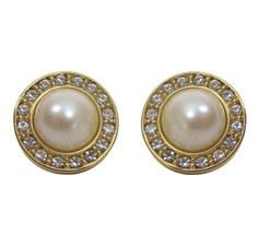 Monet Faux Pearl Cabochon Rhinestone Stud Gold Earrings  Pierced - £17.22 GBP