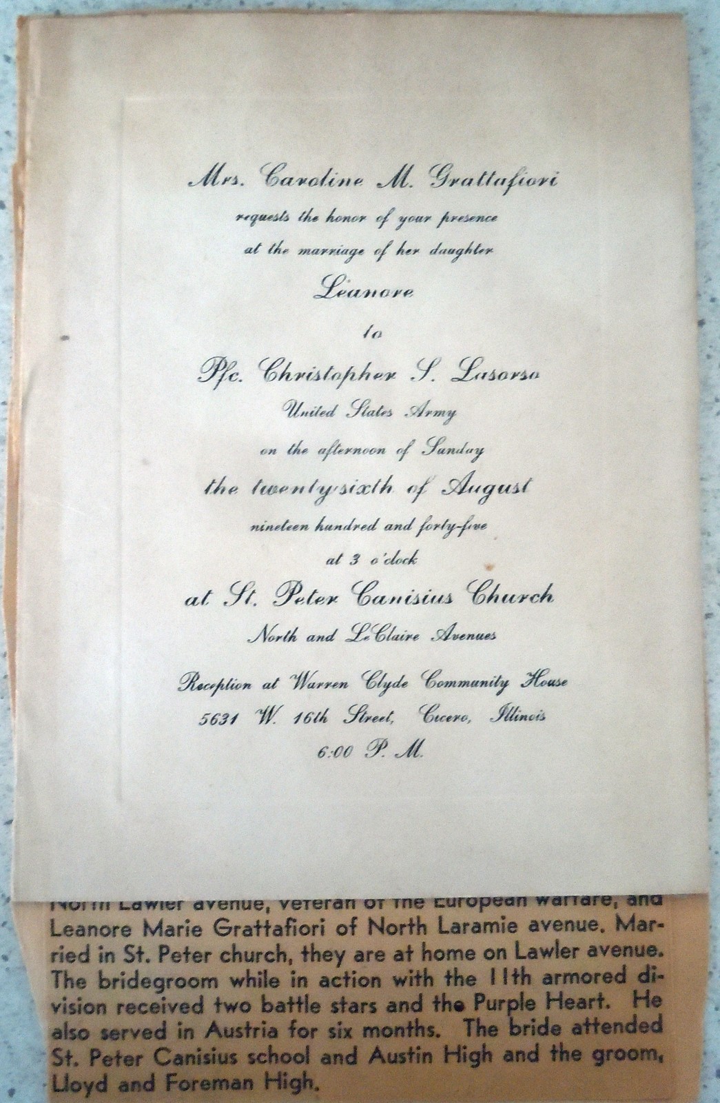 Vintage Wedding Invitation With Announcement Article 1941 - $2.99