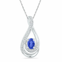 Sterling Silver Oval Lab-Created Blue Sapphire Solitaire Teardrop Pendant 1/2 - £63.10 GBP