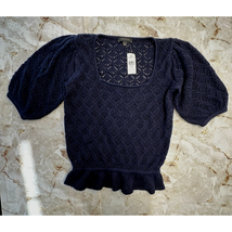 Ann Taylor knit top navy square collar cotton blend short sleeve eyelet size XS - £30.64 GBP