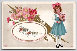 Best Wishes Little Girl Blue Dress Pink Flowers Postcard C42 - £3.89 GBP