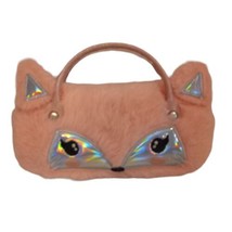 Pink Fox Furry Plush Double Handle Silver Eyeglass Case Carrier Purse 7&quot;... - $10.36