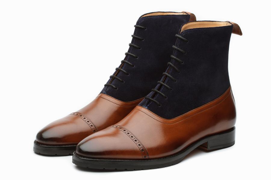 Two Tone Ankle Boots Black Suede Men Brown Premium Quality Leather Burnished Toe
