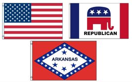 Lot of 3 Flags: USA, Arkansas State and Republican 3&#39;x5&#39; Polyester Flag - £13.19 GBP
