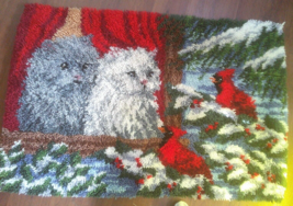Handmade Latch Hook Cats In Window Watching Red Cardinal. Wallhangin New 26X38&quot; - £33.35 GBP