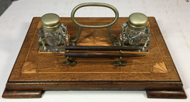 Antique Double Ink Well, Pen &amp; Pen Holder, Beautiful Inlaid Wood circa 1870 - £285.76 GBP