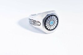 Vintage Large American Silver White Bronze Turquoise Flower Inlay Size 7 Ring - £28.81 GBP