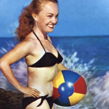 Beach Ball Woman 1950s Vintage Postcard Summer Fashion Black Bikini Redhead 50s - £9.43 GBP