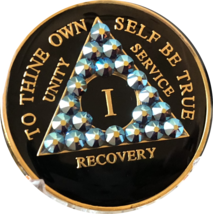 1 Year AA Medallion Amethyst AB Swarovski Crystal Black Tri-Plate Sobriety Chip - $22.99