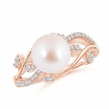 ANGARA Japanese Akoya Pearl Olive Leaf Vine Ring for Women in 14K Solid Gold - £910.98 GBP