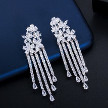 Sparkling Cubic Zirconia Pave Long Flower Tassel Drop Wedding Earrings for Women - £20.86 GBP