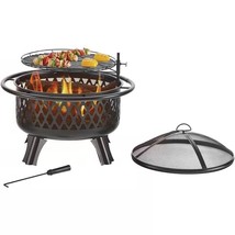 30-inch Black Steel Outdoor Fire Pit Grill with Screen and Poker - $406.72 CAD