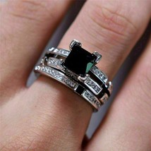 3Ct Princess Cut Lab Created Black Diamond Bridal Set Ring 14k White Gold Plated - £106.67 GBP