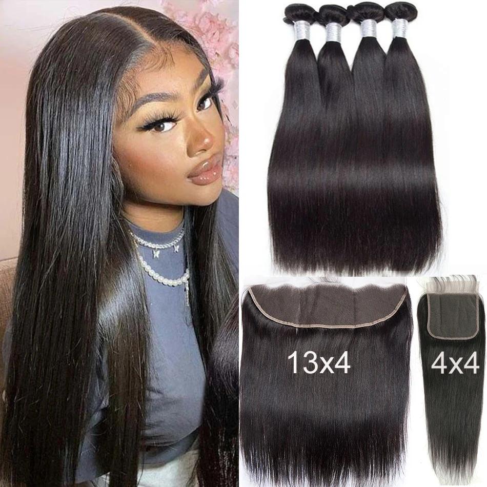 Bone Straight Human Hair Bundle with Frontal Long 30 bundles with Lace Frontal - £33.54 GBP+