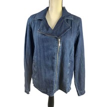 New Chicos Womens Size 2 Large Denim Jacket coat diagonal Zip Moto Jean ... - $24.74