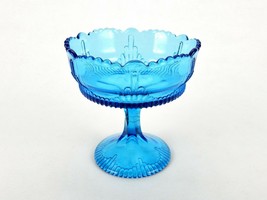 Vintage Blue Pressed Glass Compote, Candy Dish, Wavelength Pattern, Sawtooth Rim - £11.49 GBP