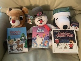 Rudolph, Frosty The Snowman &amp; Peanuts Snoopy w/Hat Book and Plush Bundle - £125.69 GBP