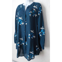 Forgotten Grace Women XL Blue Button Up Tunic Top Floral Embroidery Long Sleeves - £18.17 GBP