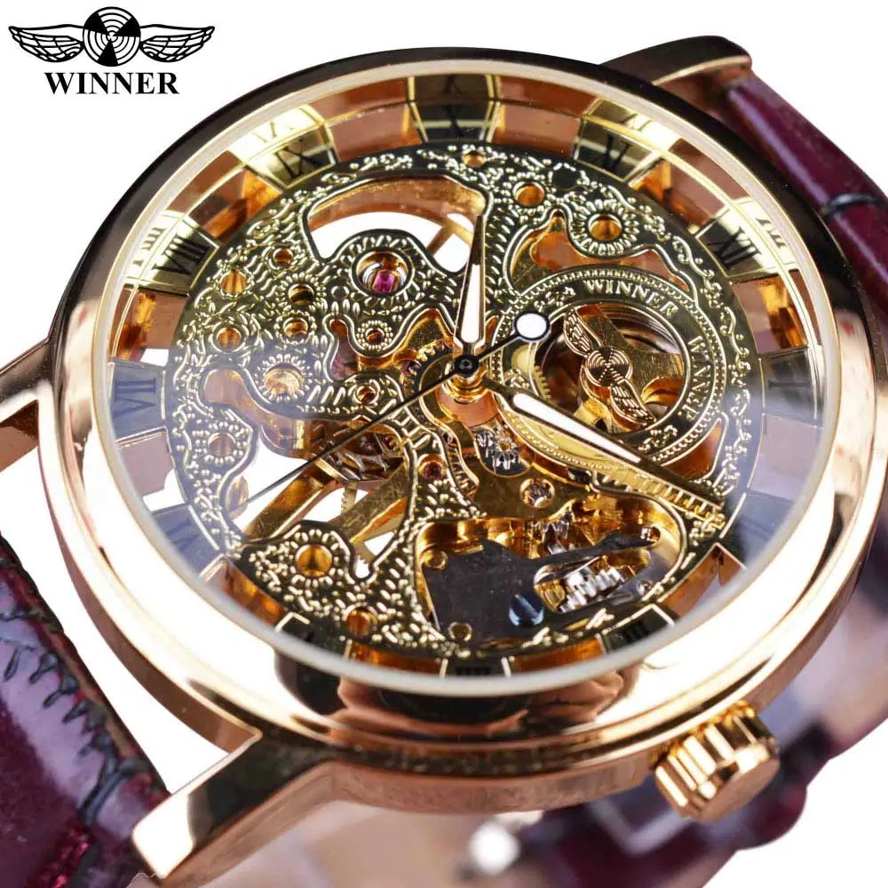 Winner Transparent Fashion Case  Casual Design Leather Strap Mens    Mechanical  - $59.02