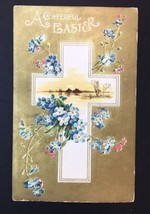 Antique A Cheerful Easter Greeting Card Embossed Flowers Landscape in Cr... - £7.16 GBP