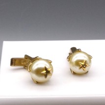 Swank Faux Pearl Mod Cuff Links, Vintage Gold Tone Celestial Star Studded Sphere - $150.93