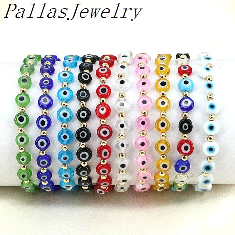 10Pcs Women 6/8mm Colorful Round Flat Shape Eye Beads Bracelets Lampwork Glazed  - £41.54 GBP