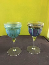 VINTAGE Hand PAINTED 2 Wine GLASSES Ornate BRICK Design PURPLE Gold TEAL - $49.49