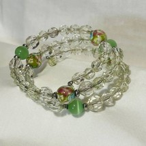 Multi-wrap Memory Wire Green, Light Green, &amp; Floral Glass Bead Bracelet - £11.68 GBP