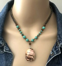 Vintage Seed Bead Brown Marble Stone Pendant BOHO Necklace - £11.11 GBP
