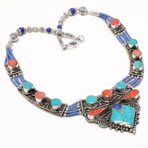 Turquoise Coral Lapis Lazuli Handmade Ethnic Jewelry Necklace Nepali 18&quot; SA 4904 - £13.43 GBP