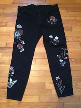 Buffalo David Bitton Faith  Skinny Mid Rise Black Denim Jeans Embroidered Floral - £62.28 GBP