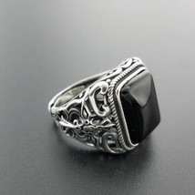 Real 925 Sterling Silver Vintage Rings For Men Natural Black Onyx Stone Square S - £40.77 GBP