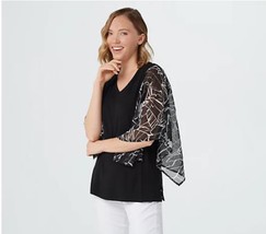 Belle by Kim Gravel Knit Top w/ Tropical Print Woven Sleeves (Black, XS) A375874 - $18.33