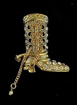 Vintage Gold Tone Cowboy  Boot Brooch w/ Spurs Rhinestones &amp; Lace Chain Accents - £11.90 GBP