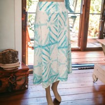 Jane Ashley Flare Midi Skirt M Stretch Aqua White Pull On Coastal Cottage Hippie - £19.70 GBP