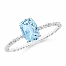 ANGARA Thin Shank Cushion Cut Aquamarine Ring With Diamond Accents - £716.66 GBP