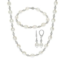 .925 Sterling Silver Cultured Freshwater Pearl &amp; Diamond Cut Beads Set - £94.17 GBP