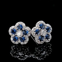1Ct Saphir Bleu &amp; Diamant Fleur Clou à Vis Boucles 14k or Blanc Finition - £91.13 GBP