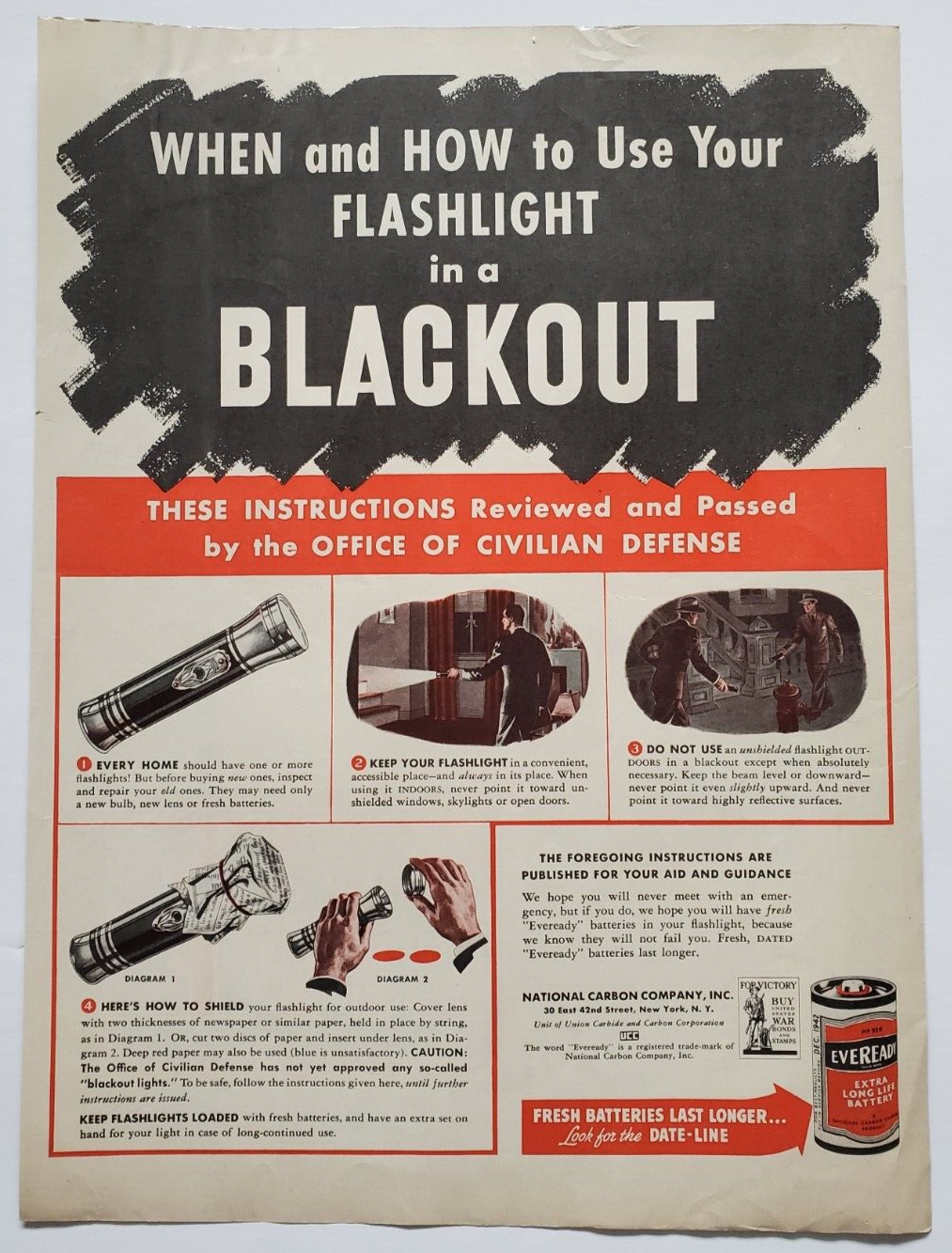 1942 Eveready Batteries Vintage WWII Print Ad Using Your Flashlight Blackout - $12.95