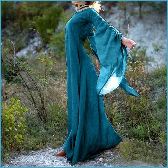 Medieval Wide Long Sleeved Floor Length Blue Linen Gothic Chemise Undergarment