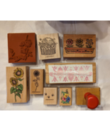 LOT of 7 New &amp; Used Wooden Rubber Stamps Floral Flowers w/  Mini Bees St... - £11.40 GBP