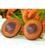 Vintage Mens Cufflinks Wood Wooden Round Rustic Handmade Natural - $10.95