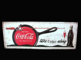 Coca-Cola Vintage Look Sign Take Coke Along Fishing Pole Cast Iron Pan Brand New - £12.76 GBP