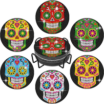6 Pcs Skull DIY Diamond Paintings Coasters Kits with Holder,Skeleton Flower 5D D - £15.90 GBP