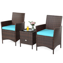 3Pcs Patio Rattan Furniture Set Cushioned Sofa Glass Tabletop Deck Blue - £136.03 GBP