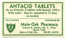 Antique Pharmacy Label ANTACID TABLETS Main-Oak Pharmacy Niles Michigan ... - $28.11