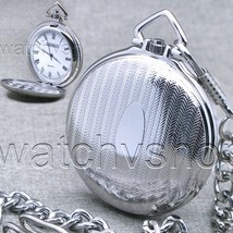 Pocket Watch Silver Color 42 MM for Men with Roman Numbers Dial and Fob Chain 89 - £17.29 GBP