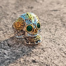 Vintage Retro Skull Head Ring Jewelry, Men&#39;s Carving Ghost Head Green Eye Finger - $18.99