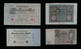 1910-1929 Germany 4-Notes Set German Empire 1000 &amp; Weimar 20, 100 &amp; 500 ... - $52.35