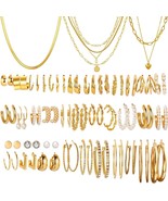 39 Pairs Gold Hoop Earrings Set 7pcs Gold Chain Necklace For Women Girls... - $46.44